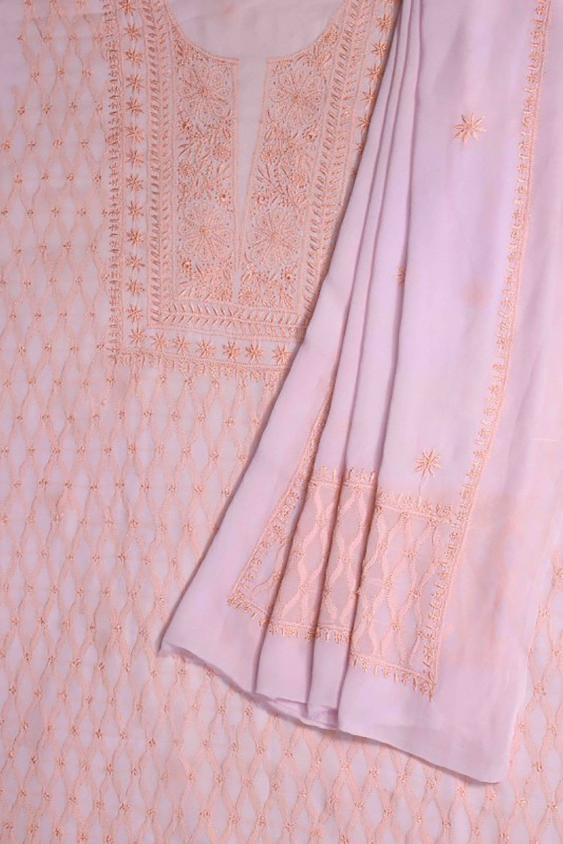 Ada Hand Embroidered Lavender Pure Georgette Lucknowi Chikankari Unstitched Kurta Dupatta Set A460753