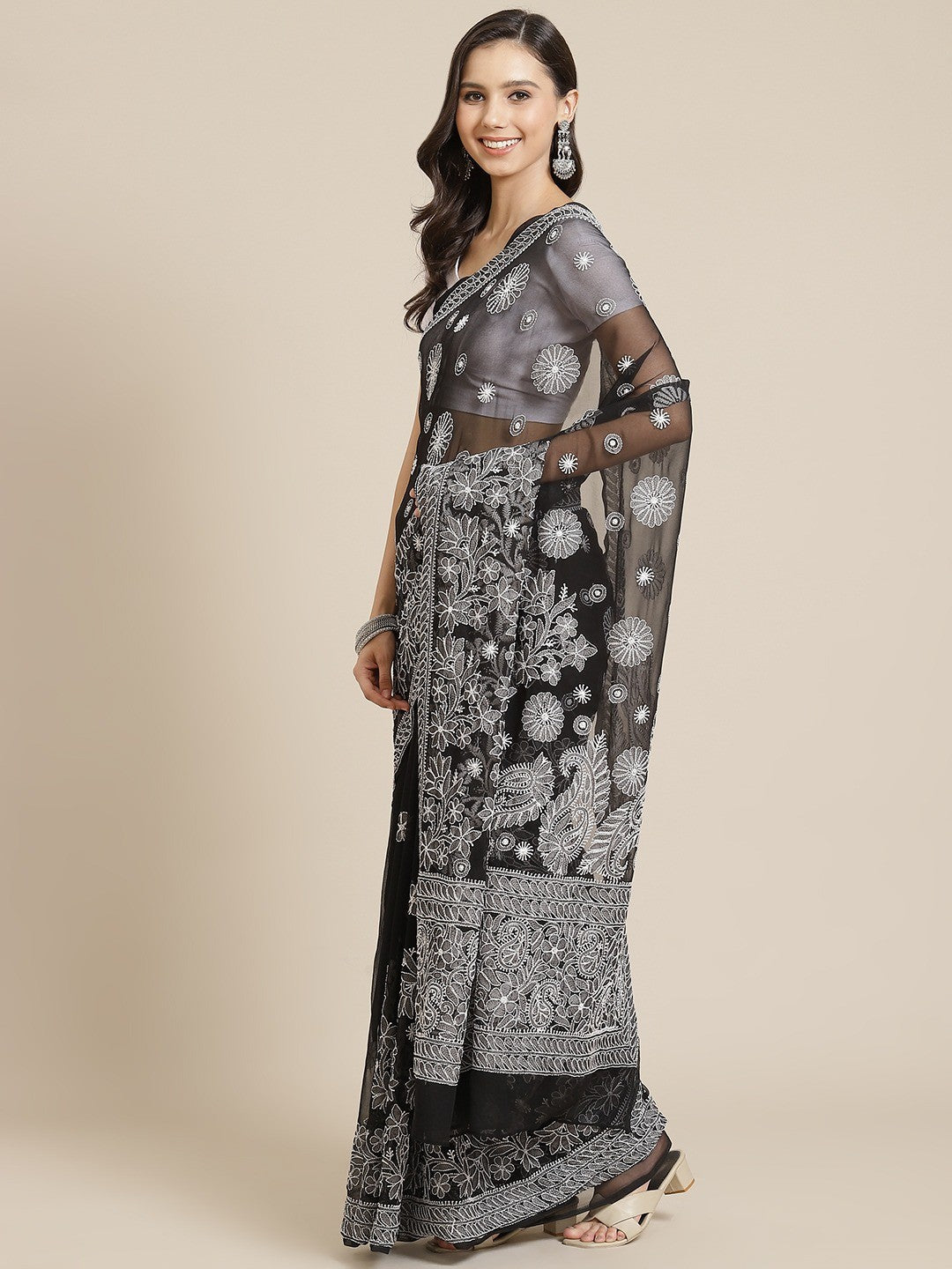 Ada Hand Embroidered Black Georgette Lucknowi Chikankari Saree with Blouse A311338
