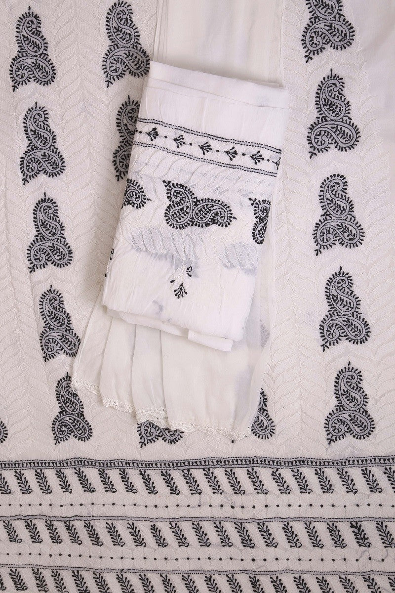 Ada Hand Embroidered White Cotton Lucknowi Chikan Unstitched Suit Piece A614294