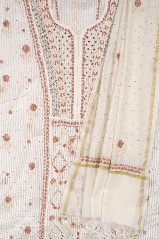 Ada Hand Embroidered Cream Chanderi Lucknowi Chikankari Unstitched Anarkali Kurta Dupatta Set With Muqaish Work 01A138198