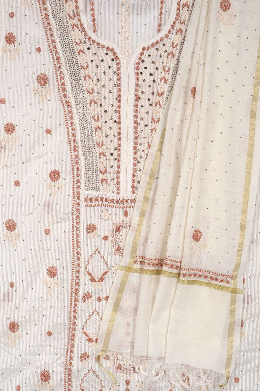 Ada Hand Embroidered Cream Chanderi Lucknowi Chikankari Unstitched Anarkali Kurta Dupatta Set With Muqaish Work 01A138198