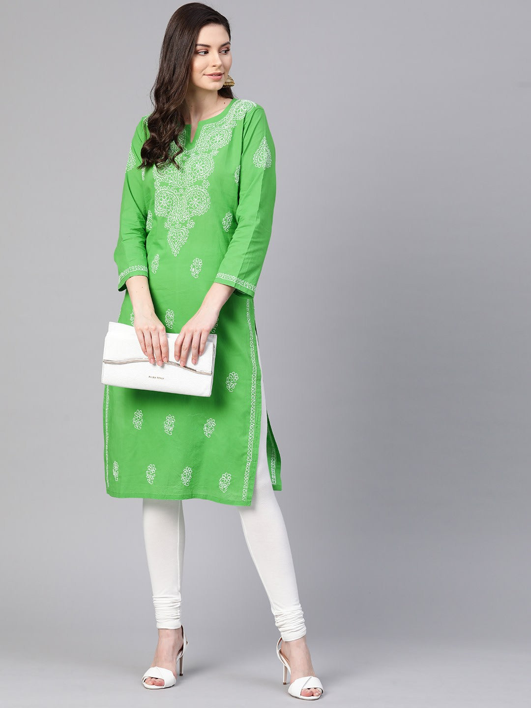 Ada Hand Embroidered Green Pure Cambric Cotton Lucknowi Chikankari Straight Kurta A100350