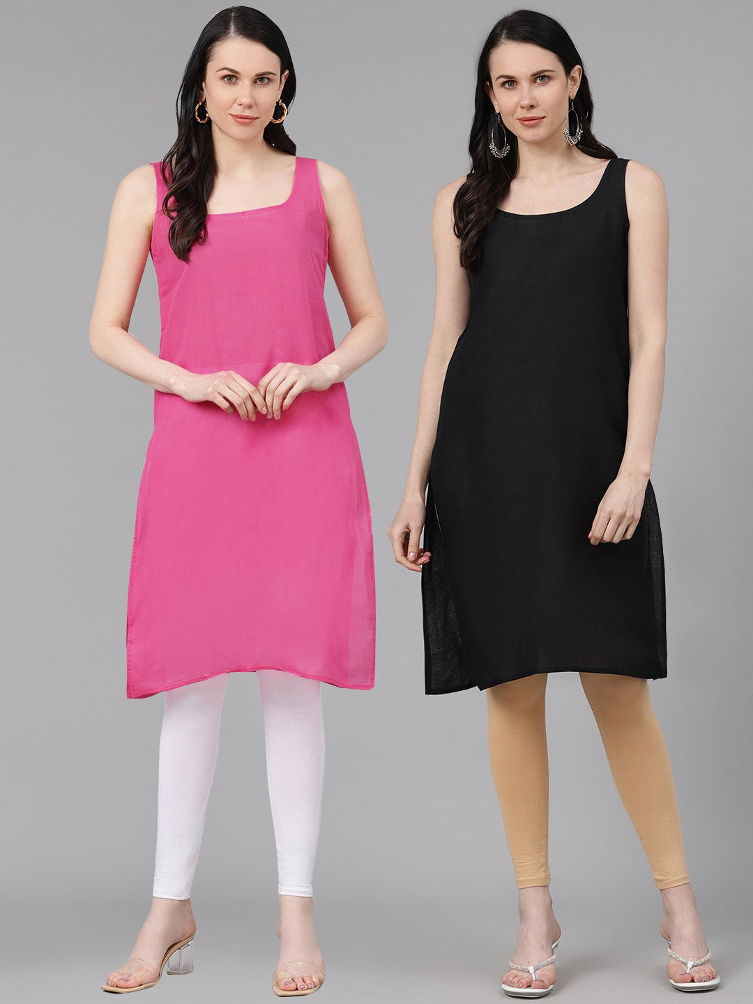 Ada Onion Pink and Black Cotton Long Slips Combo of 2 A293039.