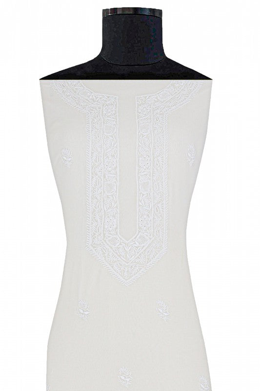 Ada Hand Embroidered White Pure Georgette Lucknowi Chikan Unstitched Kurta Piece A306203