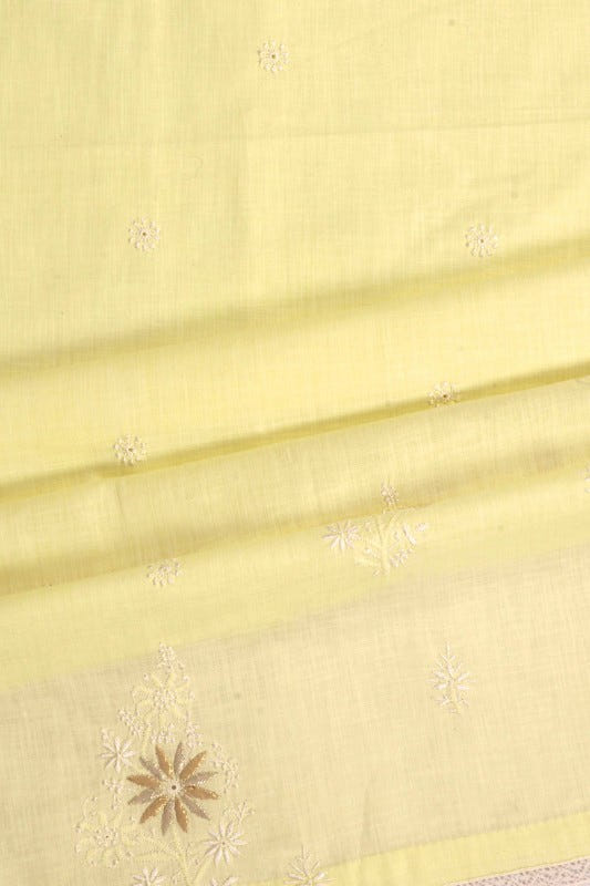 Ada Hand Embroidered Lemon Cotton Lucknowi Chikankari Unstitched Kurta Dupatta Set with Gota Patti Work A251258