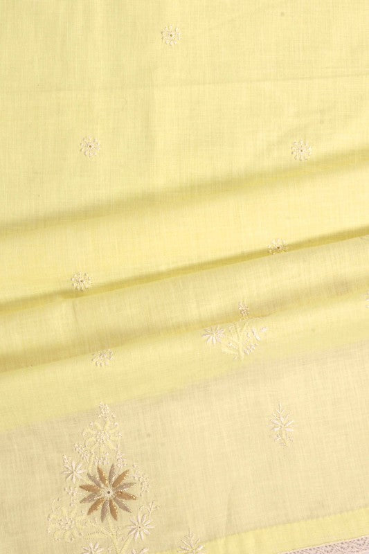 Ada Hand Embroidered Lemon Cotton Lucknowi Chikankari Unstitched Kurta Dupatta Set with Gota Patti Work A251258
