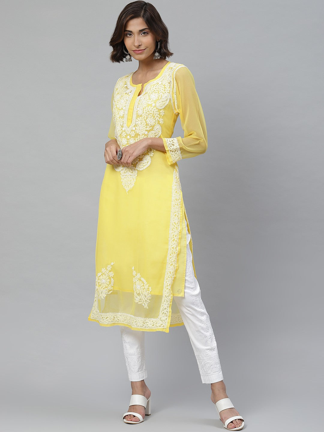 Ada Hand Embroidered Yellow And White Georgette Lucknowi Chikankari Kurta Set With Slip-A100545
