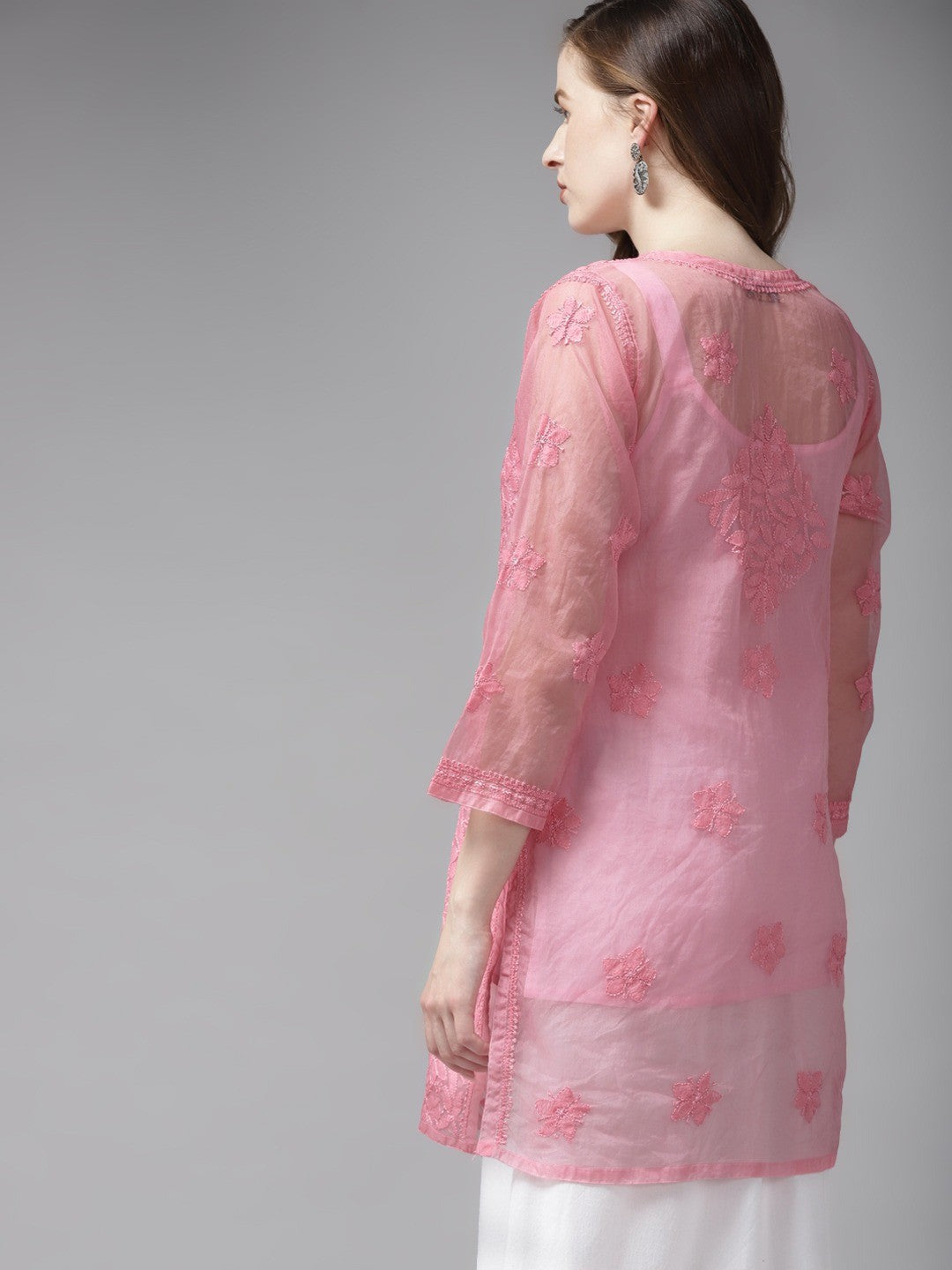 Ada Hand Embroidered Pink Organza Lucknowi Chikankari Short Kurti With Slip A911164