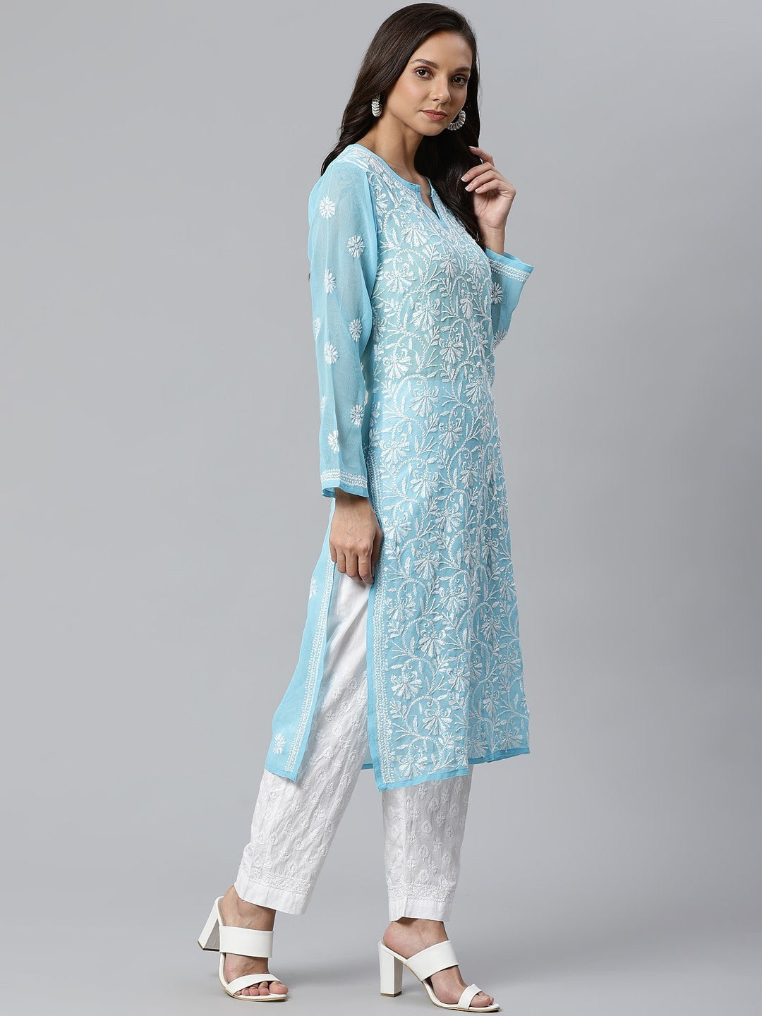 Ada Hand Embroidered Blue Faux Georgette Lucknowi Chikankari Kurta Palazzo Set With Slip A100398