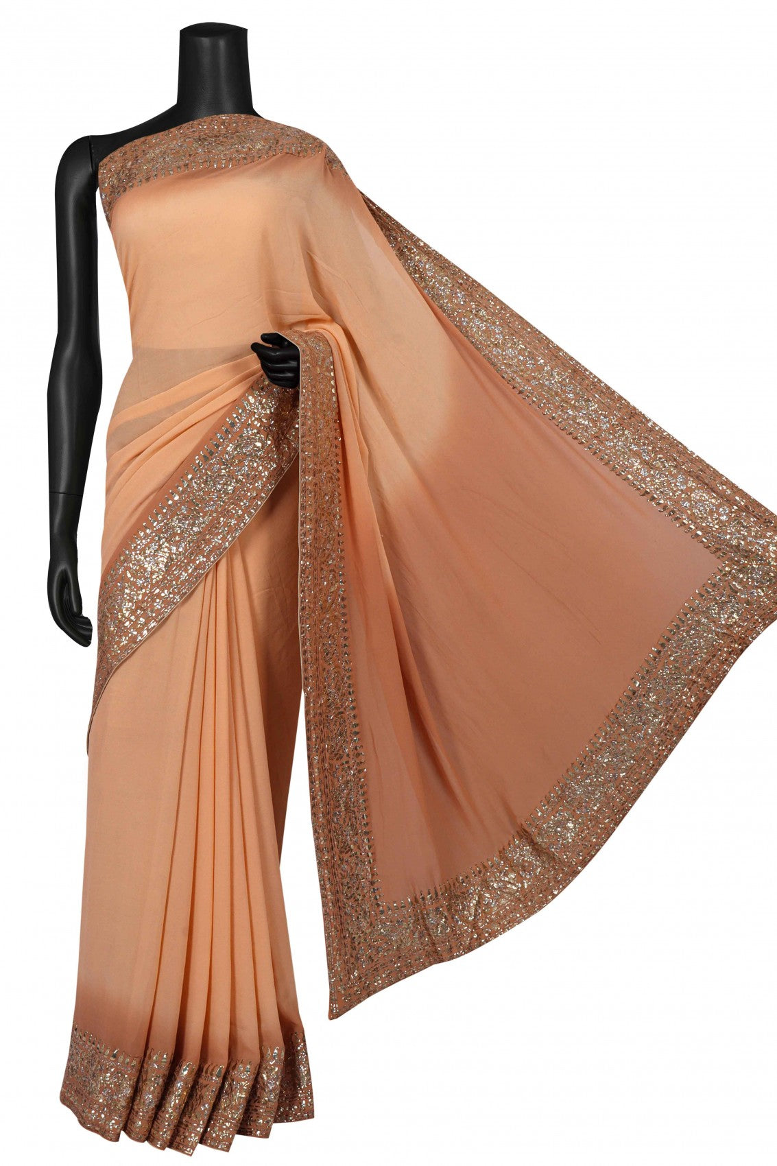 Ada Hand Embroidered Peach And Brown Ombre Shade Georgette Lucknowi Chikankari Saree/Blouse With Muqaish Work A601175