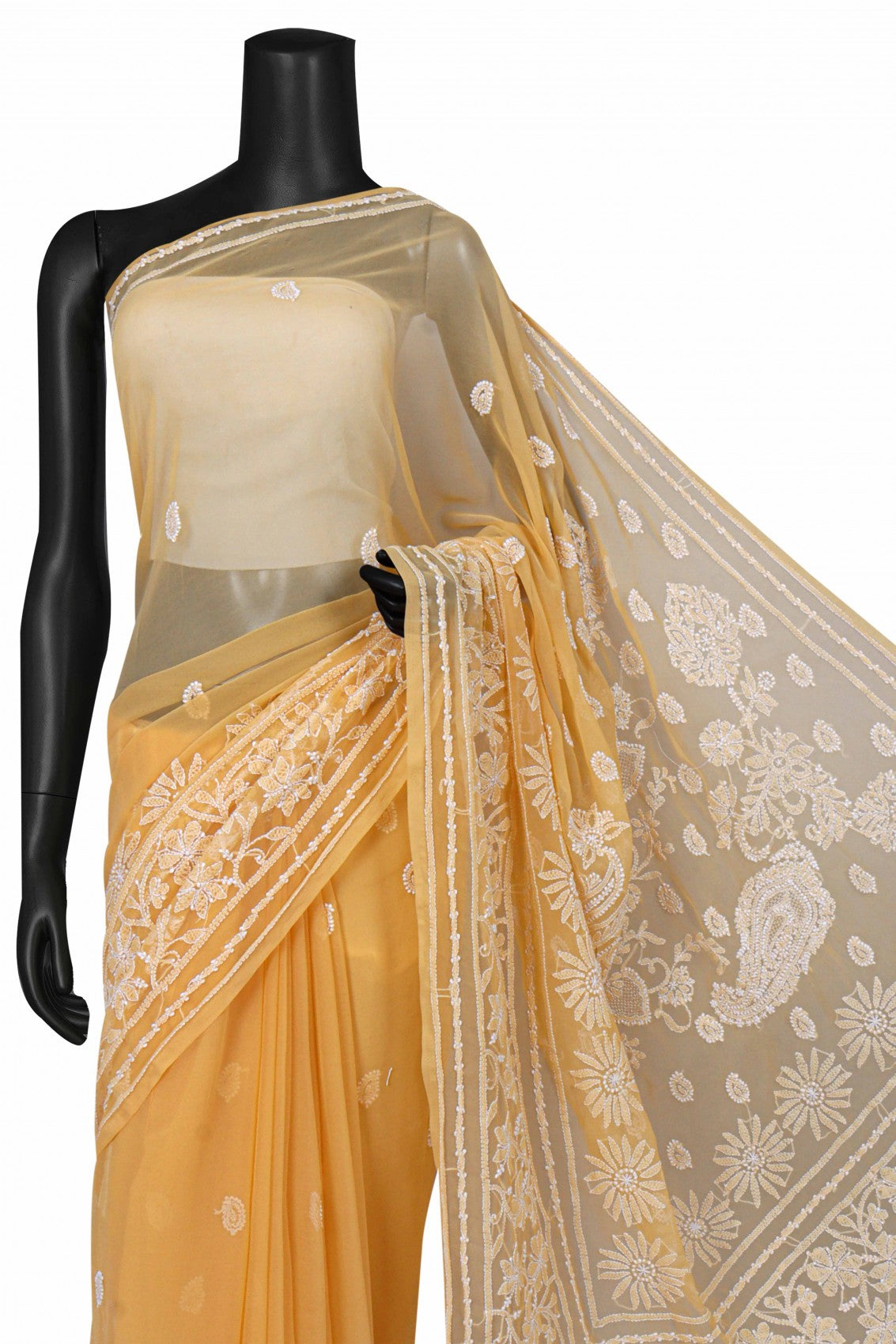 Ada Hand Embroidered Fawn Georgette Lucknowi Chikankari Saree With Blouse A521884
