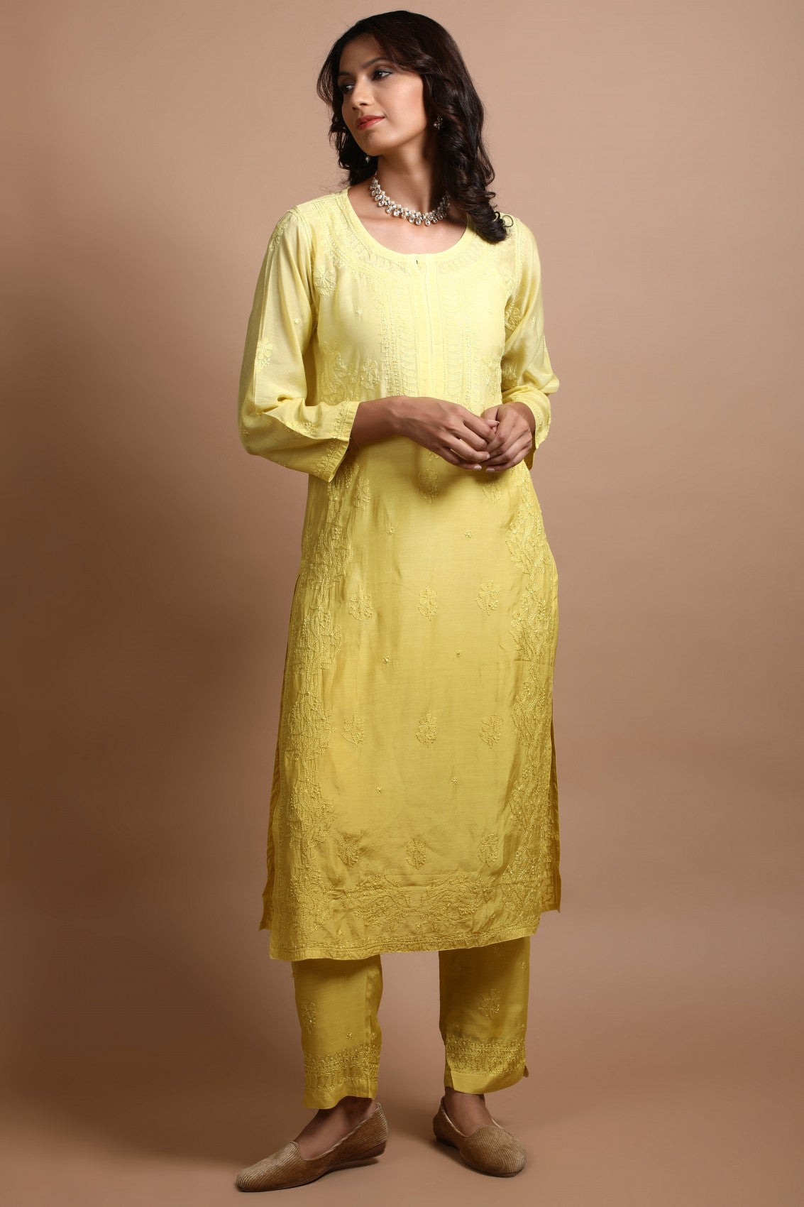 Ada Hand Embroidered Mehendi Green Cotton Lucknowi Chikankari Kurta With Plazzo Set 01A272974