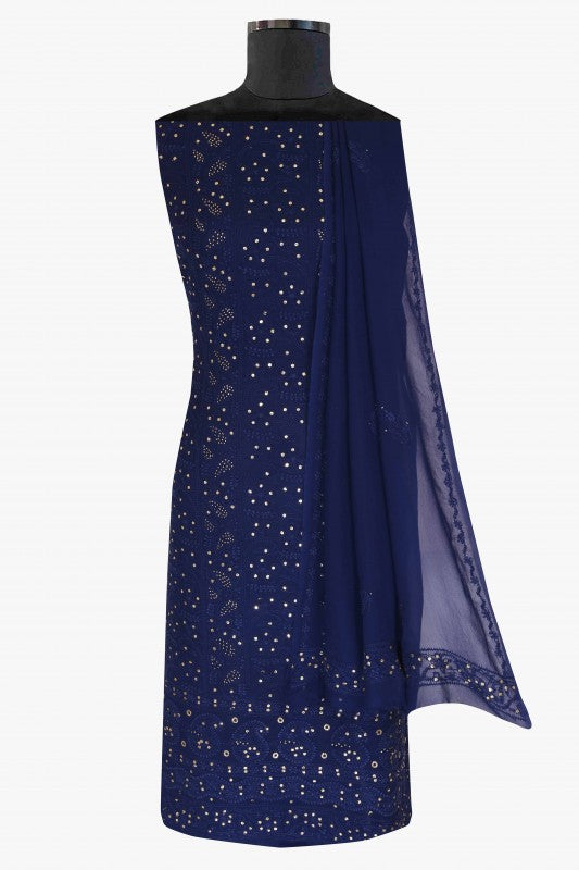 Ada Hand Embroidered Navy Blue Georgette Lucknowi Chikan Unstitched Kurta Dupatta Set With Muqaish Work- A611942