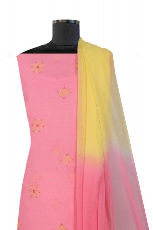 Ada Hand Embroidered Coral Pink Cotton Lucknowi Chikan Unstitched Suit Piece A609845