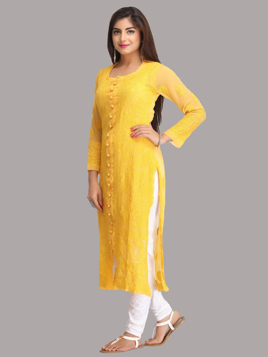 Ada Hand Embroidered Yellow Georgette Lucknowi Chikani Straight Kurta A183650