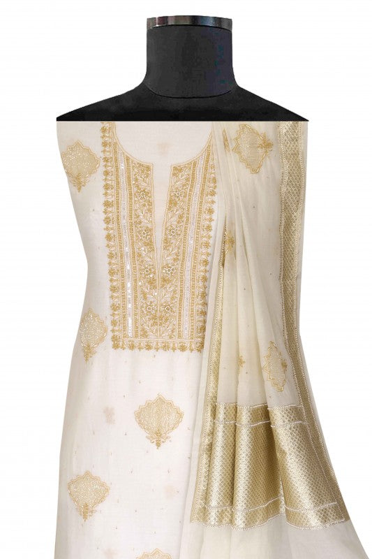 Ada Hand Embroidered Off White Chanderi Lucknowi Chikankari Unstitched Kurta Dupatta Set With Pearl Work 01A86296