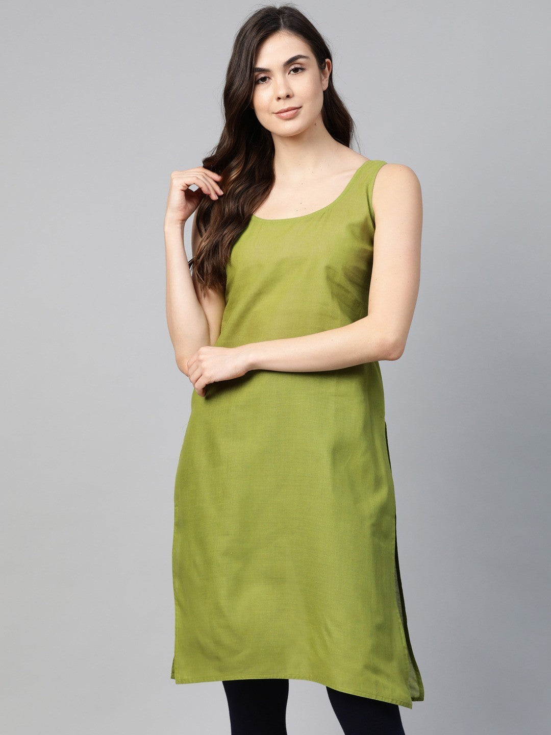 Ada White And Mehendi Green Cotton Long Slips Combo of 2  A111137.