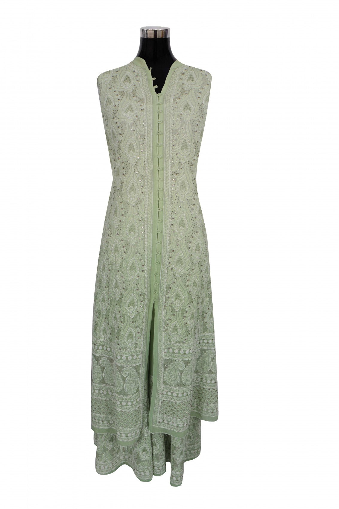 Ada Hand Embroidered Tea Green Pure Georgette Lucknowi Chikankari Semi-Stitched Suit Set With Muqaish Work A77998