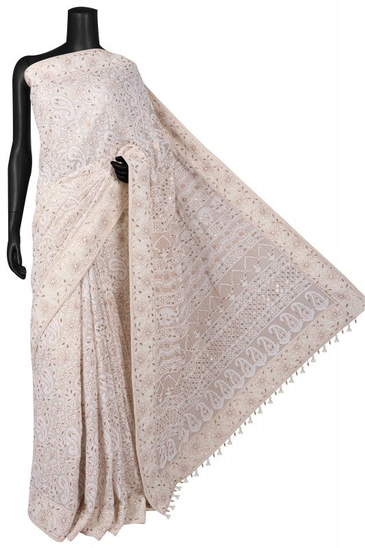 Ada Hand Embroidered White Pure Georgette Lucknowi Chikankari Saree/Blouse with Zari Work A612189