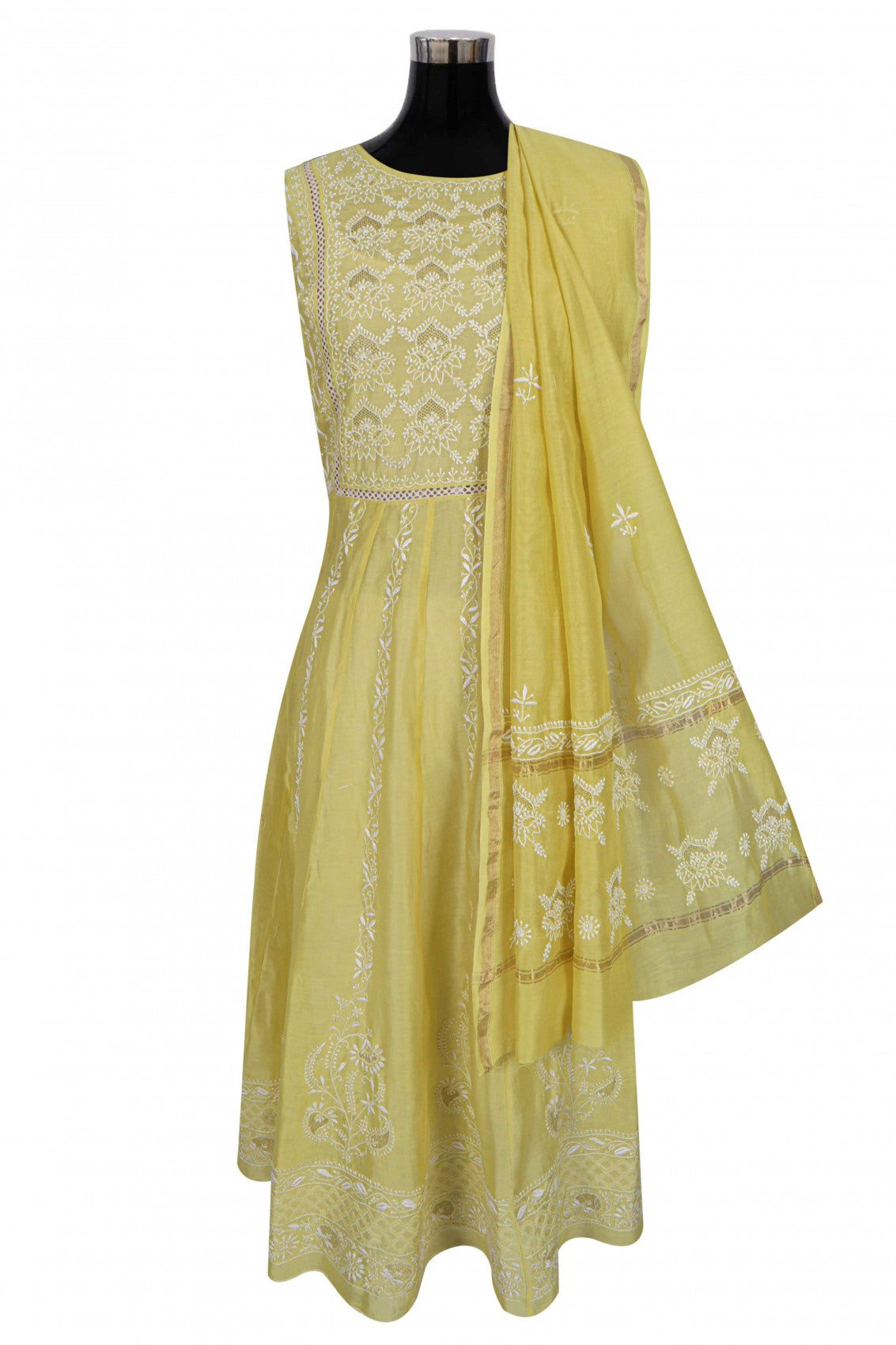 Ada Hand Embroidered Lemon Chanderi Lucknowi Chikankari Semi-Stitched Anarkali Kurta Dupatta Set With Zari Work 01A229767