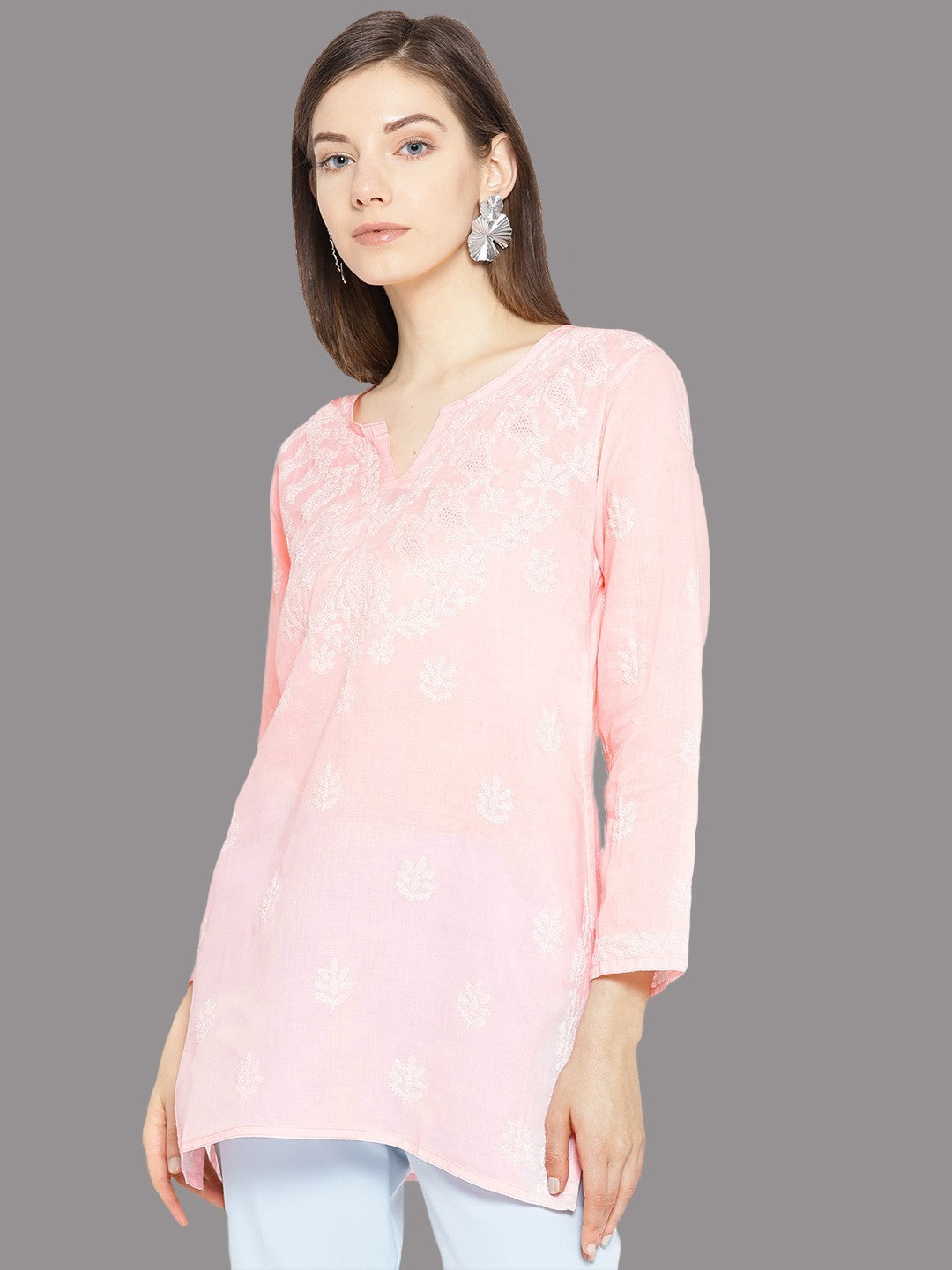 Ada Hand Embroidered Pink Cotton Lucknowi Chikan Kurti A509493