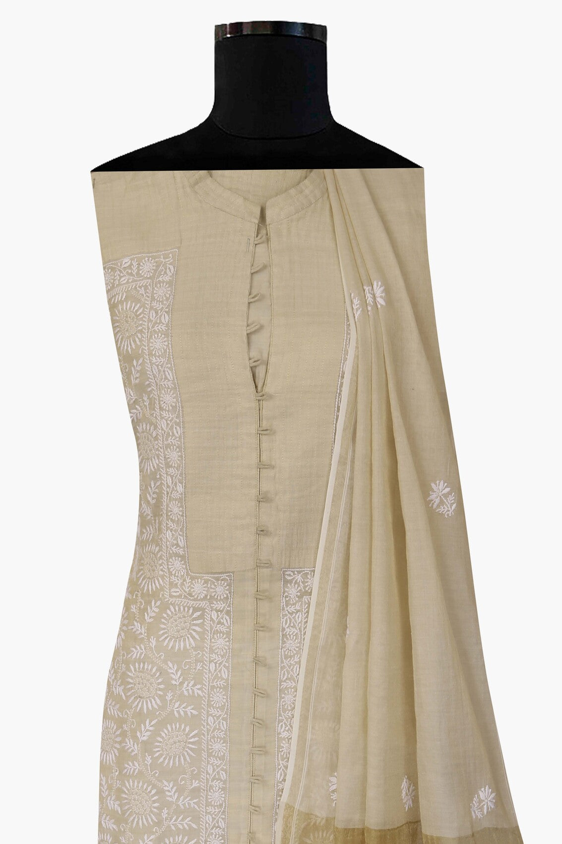 Ada Hand Embroidered Natural Fawn Tissue Lucknowi Chikankari Semi-stitched Kurta Dupatta Set A615495
