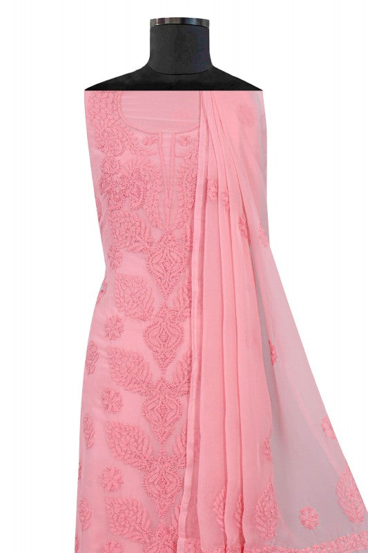Ada Hand Embroidered Peach Georgette Lucknowi Chikan Unstitched Suit Piece A211219