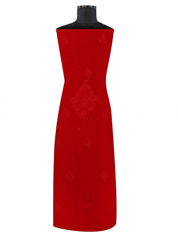 Ada Hand Embroidered Red Georgette Lucknowi Chikankari Unstitched Kurta Piece with Muqaish Work A511732