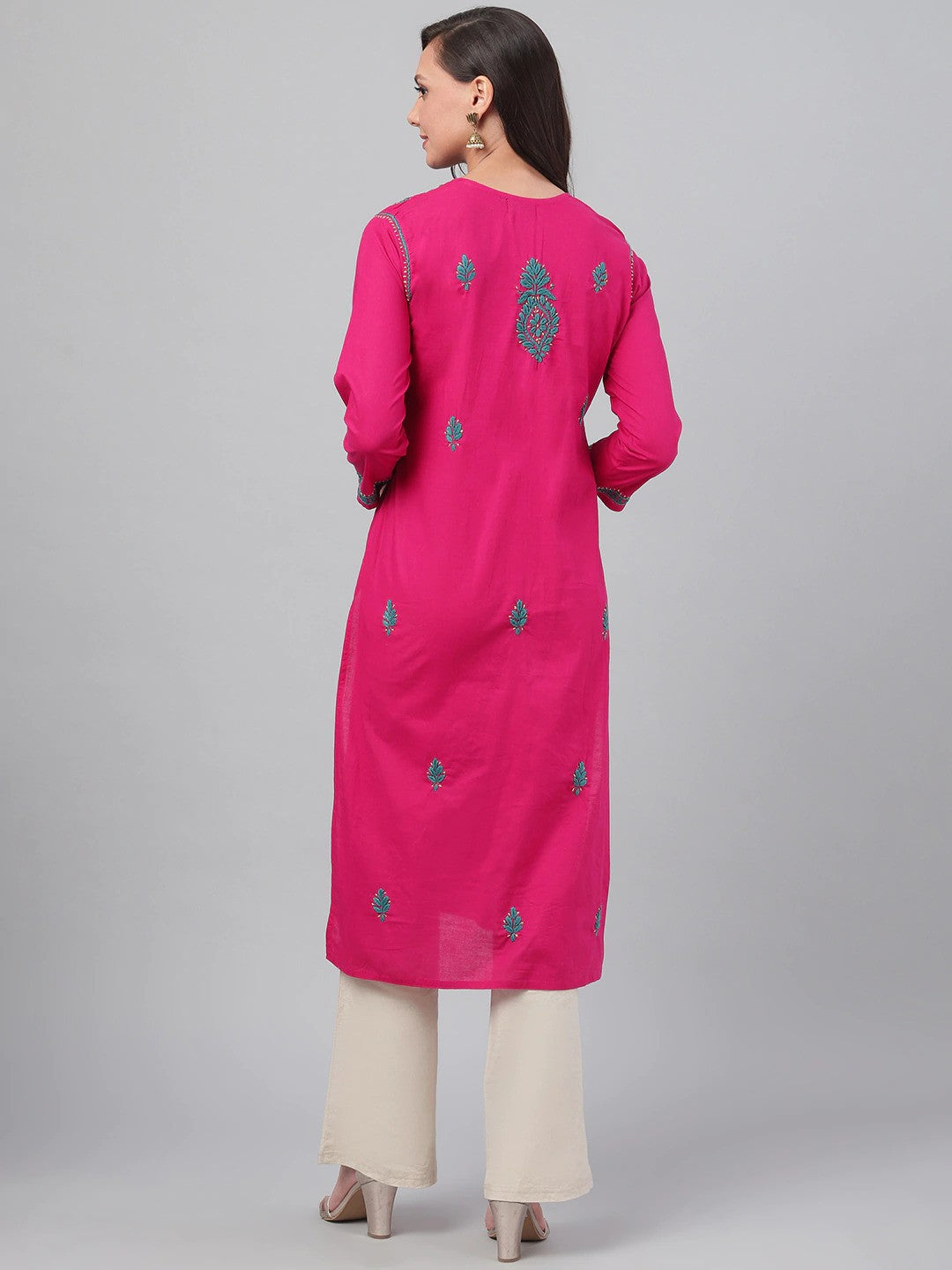 Ada Hand Embroidered Magenta Cotton Lucknow Chikankari Straight Kurta A411489