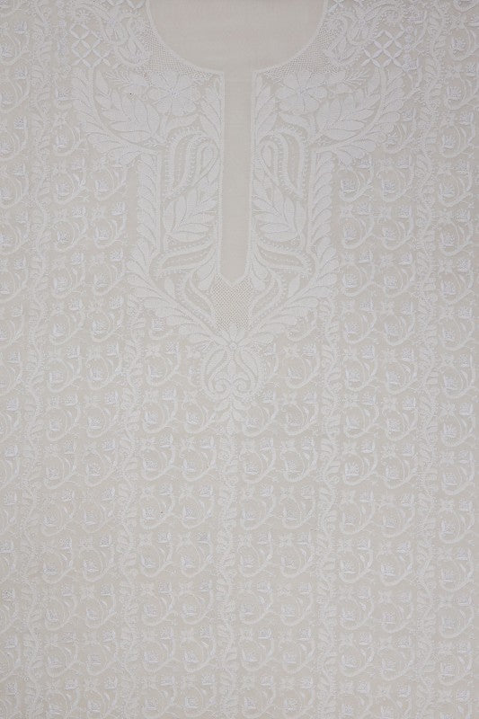 Ada Hand Embroidered White Pure Georgette Lucknowi Chikan Unstitched Kurta Dupatta Set A449761