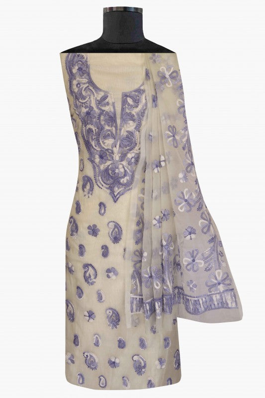 Ada Hand Embroidered Cream Organza Lucknowi Chikan Unstitched Kurta Dupatta Set -A586569