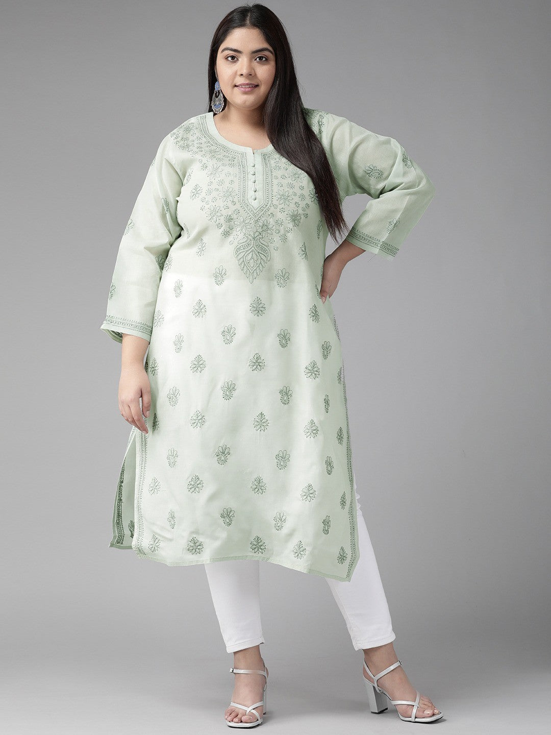 Ada Hand Embroidered Light Grey Cotton Lucknow Chikan Kurta A227152