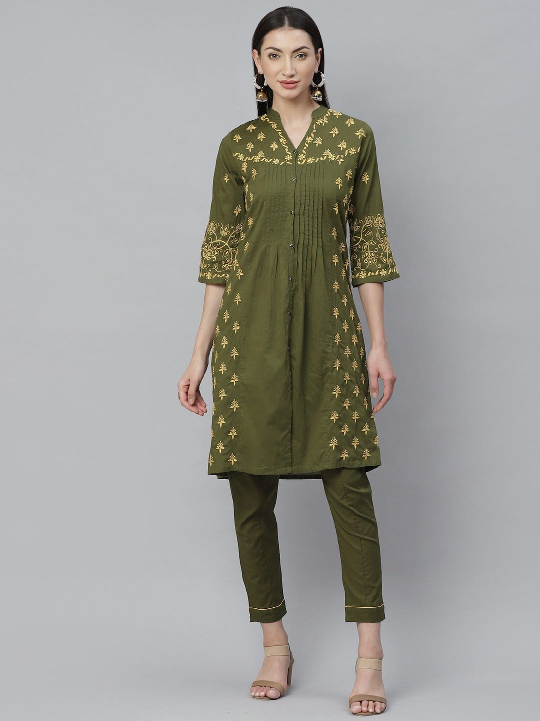 Ada Hand Embroidered Olive Green Cotton Lucknowi Chikankari Straight Kurta With Trouser Set A811134