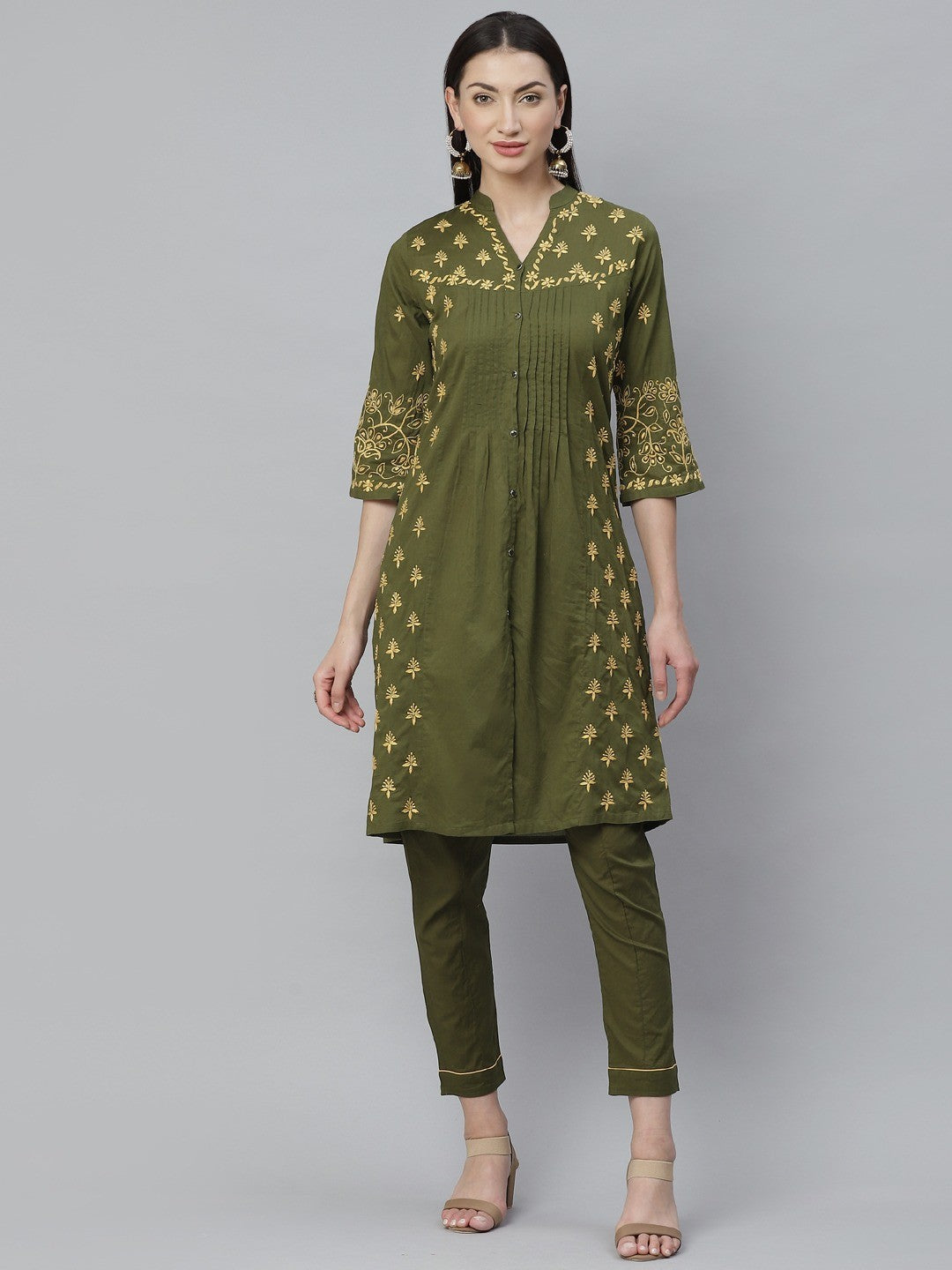 Ada Hand Embroidered Olive Green Cotton Lucknowi Chikankari Straight Kurta With Trouser Set A811134