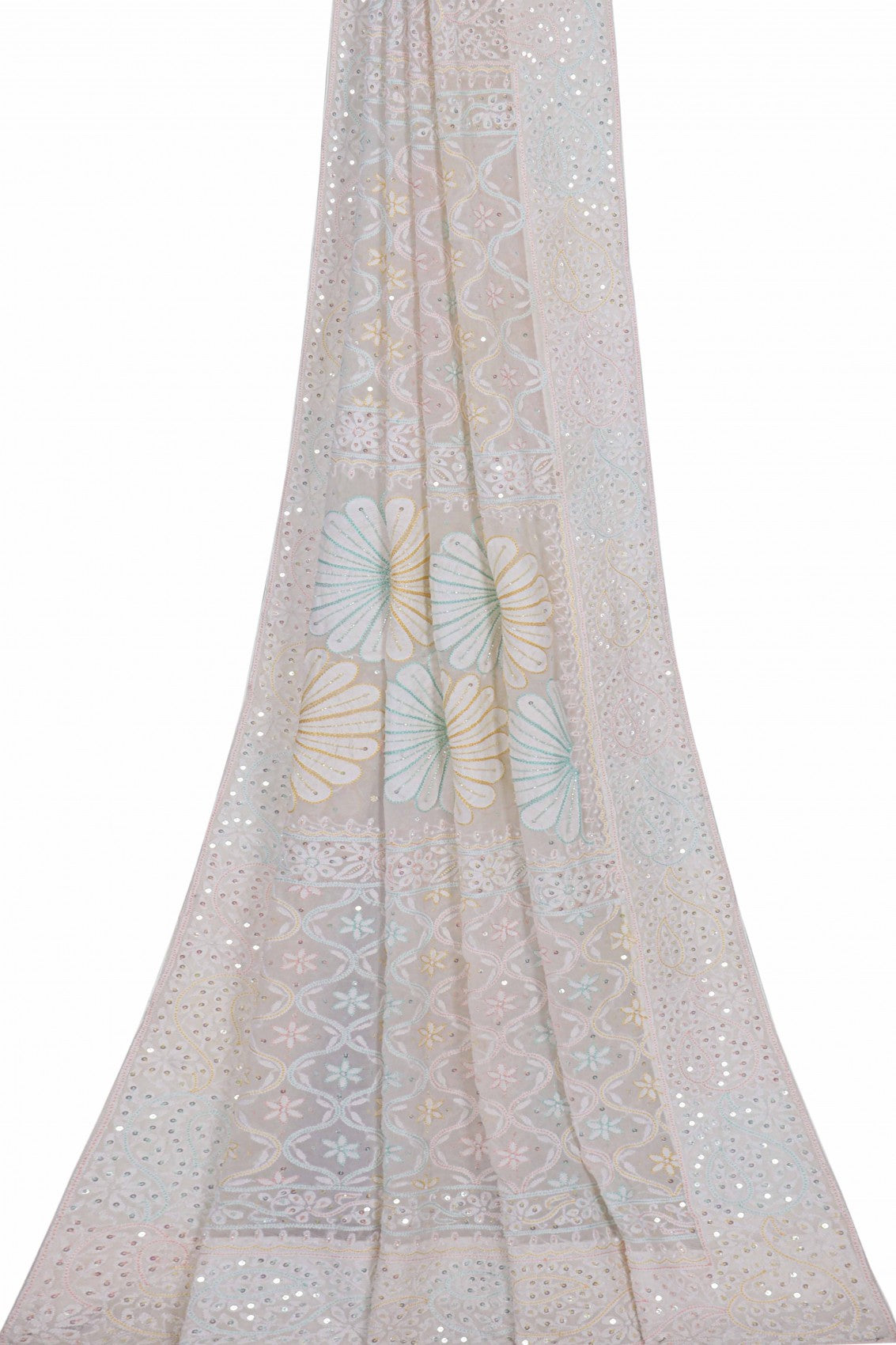 Ada Hand Embroidered White Pure Georgette Lucknowi Chikankari Dupatta With Sequinned Work A623930