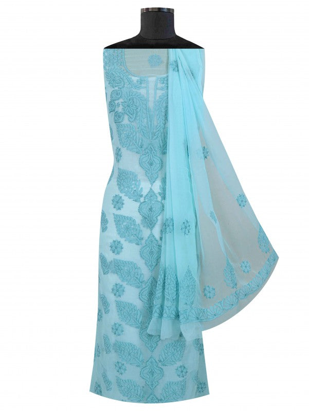 Ada Hand Embroidered Arctic Blue Georgette Lucknowi Chikan Unstitched Suit Piece A211229
