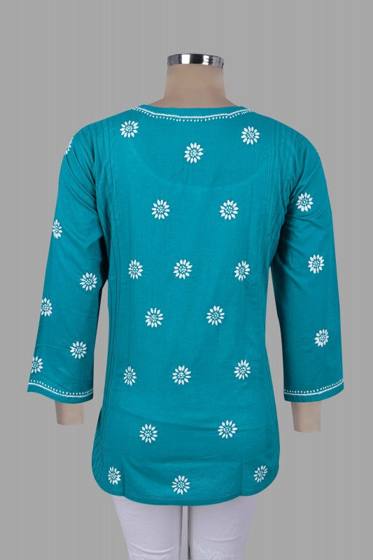 Ada Hand Embroidered Teal Blue Cotton  Lucknowi Chikankari Straight Kurti A911287