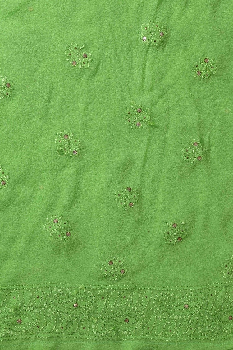 Ada Hand Embroidered Parrot Green Georgette Lucknowi Chikankari Semi-Stitched Anarkali Kurta Dupatta Set With Muqaish Work A619753