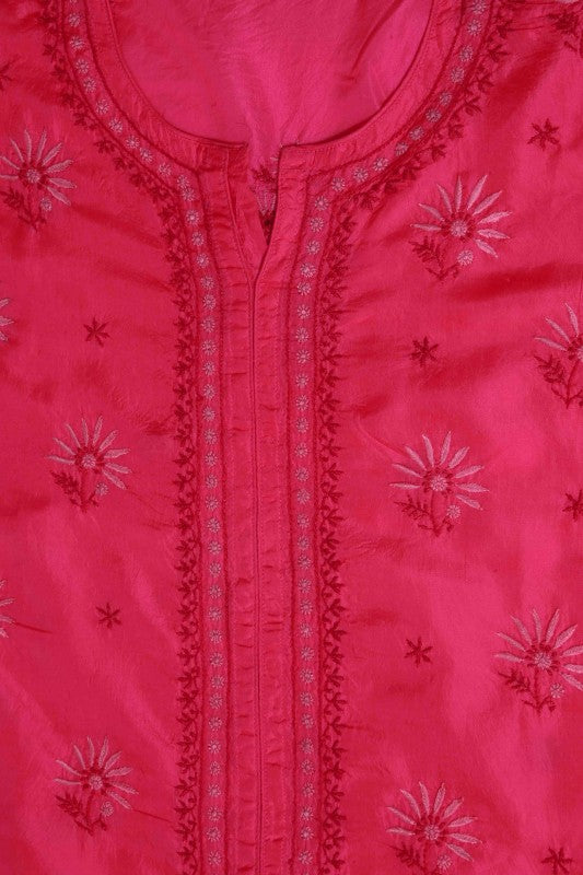 Ada Hand Embroidered Magenta Silk Lucknowi Chikan Semi-Stitched Kurta Piece-A617180