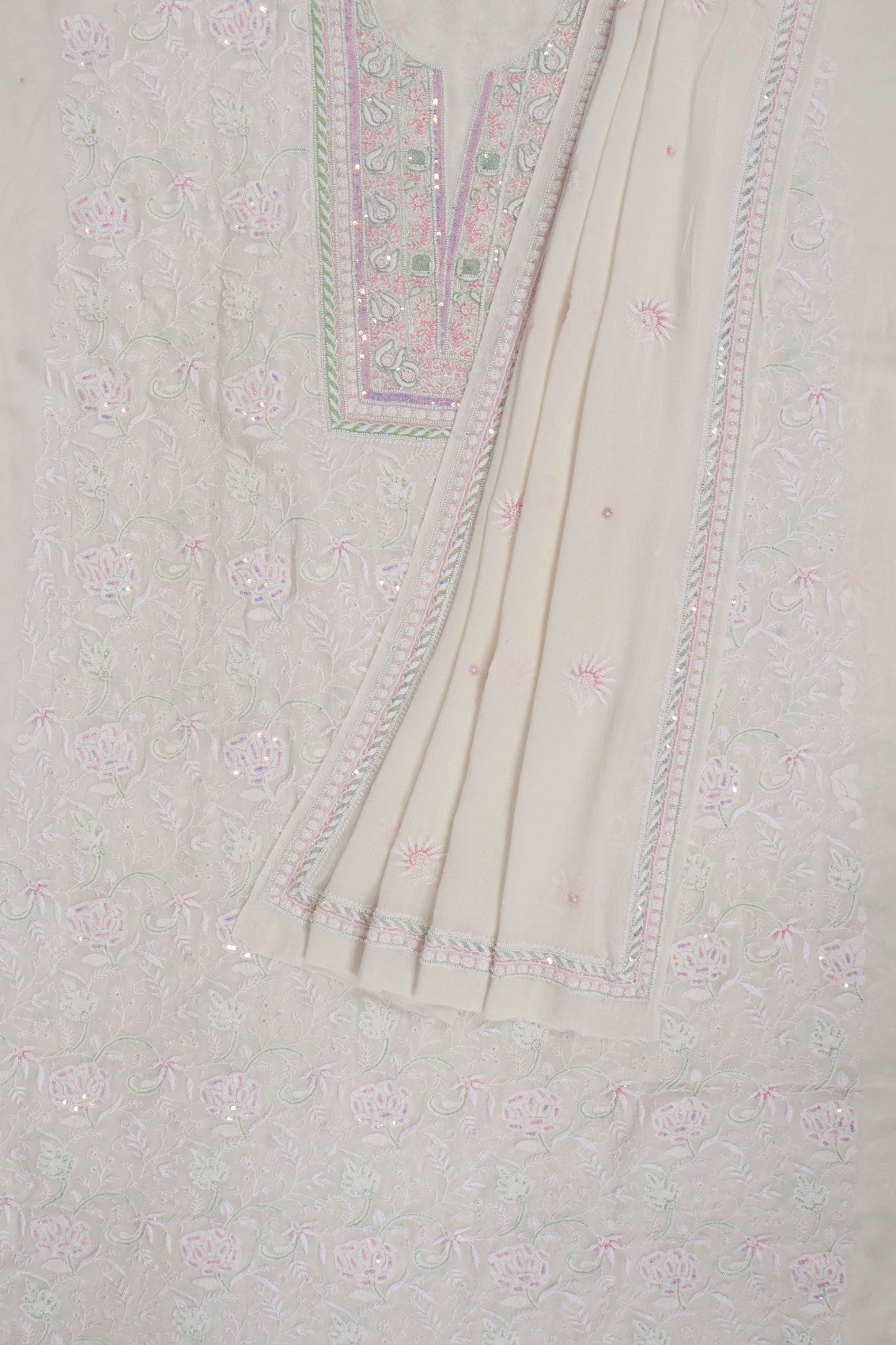 Ada Hand Embroidered White Pure Georgette Lucknowi Chikankari Unstitched Kurta Dupatta Set With Pearl Work A621851