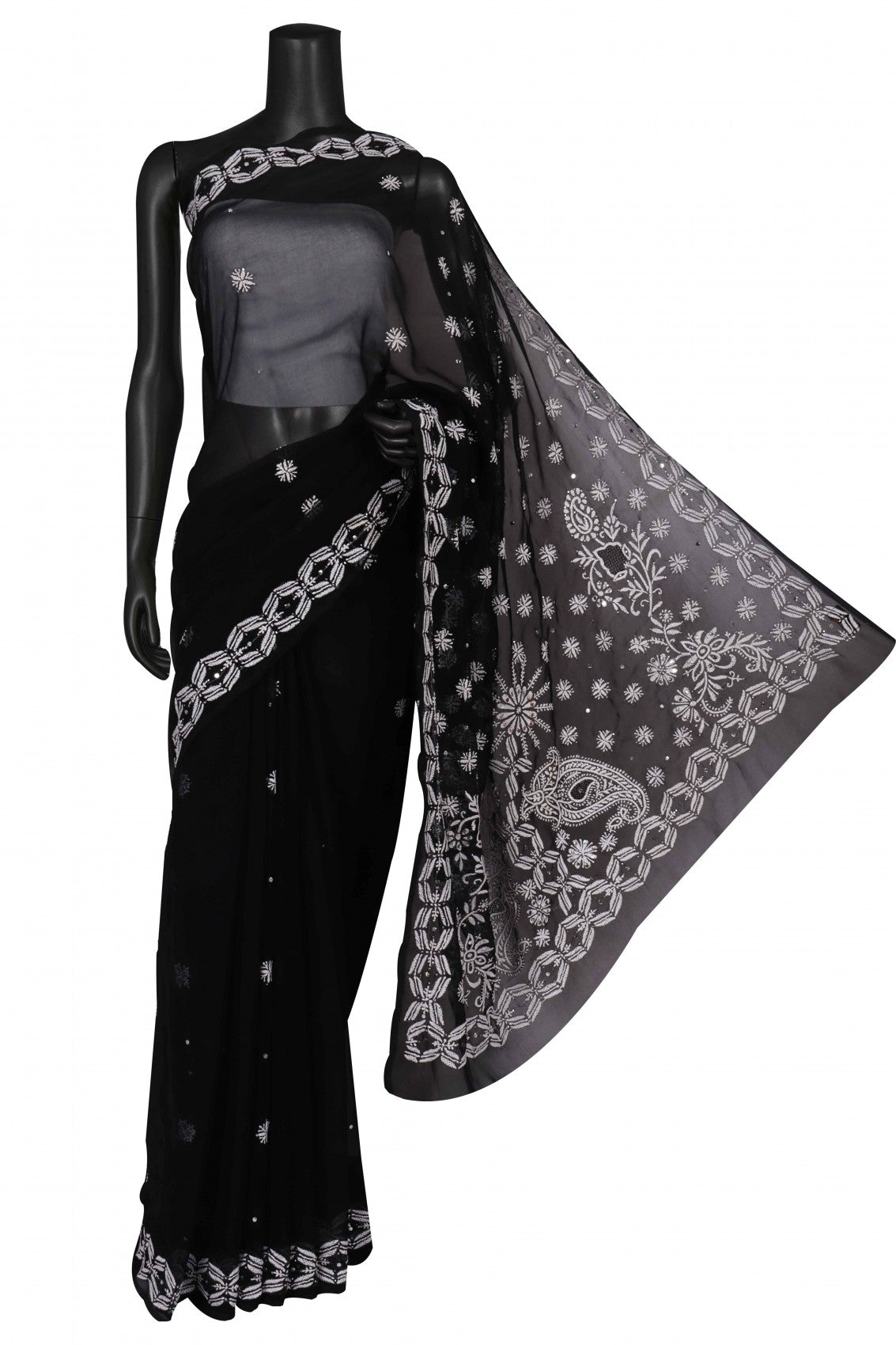 Ada Hand Embroidered Black Georgette Lucknowi Chikankari Saree/Blouse With Muqaish Work A381079