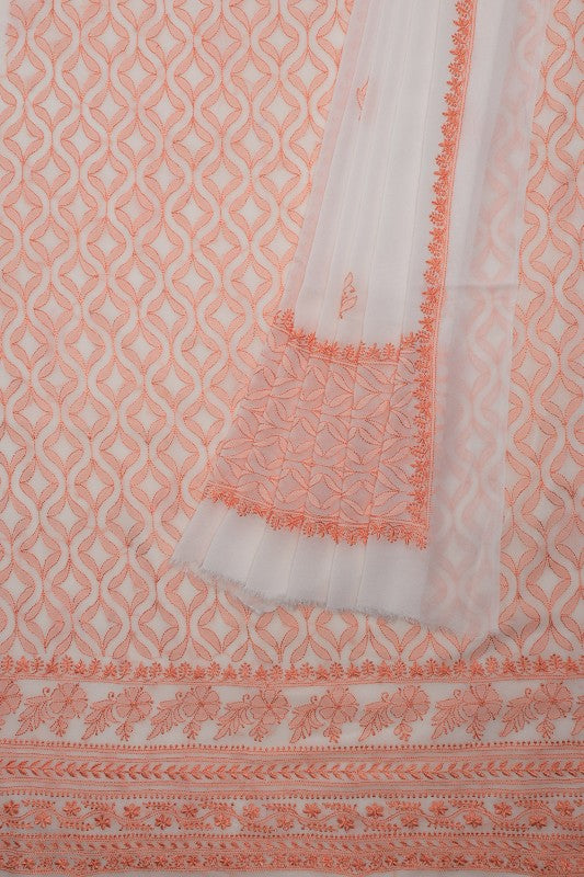 Ada Hand Embroidered White Pure Georgette Lucknowi Chikan Unstitched Kurta Dupatta Set- A222161