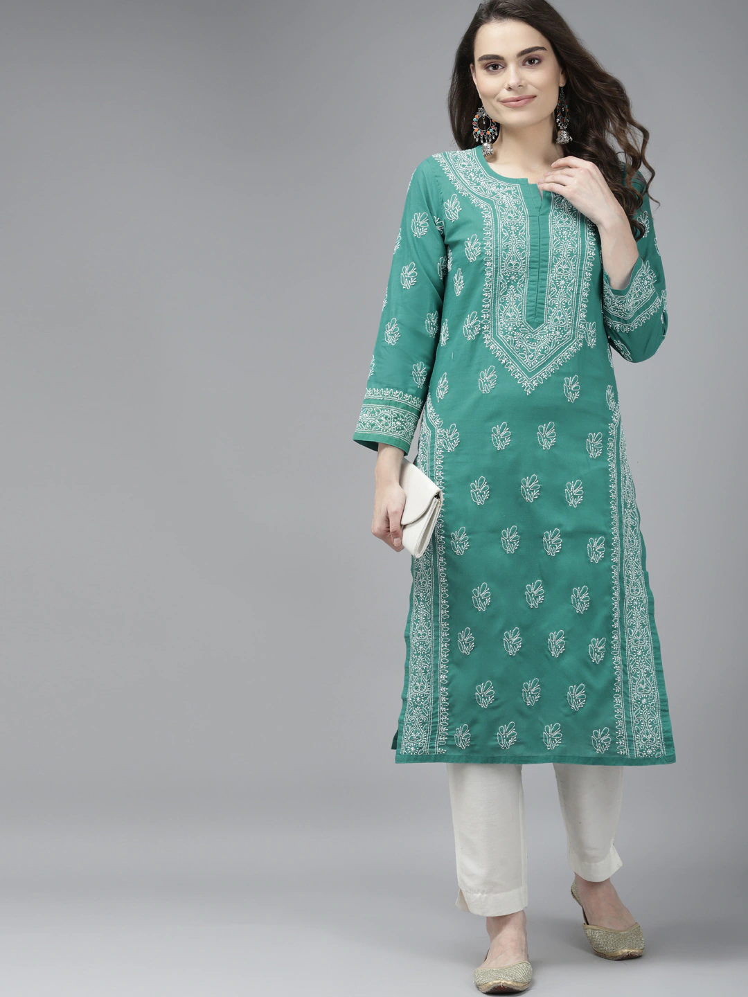Ada Hand Embroidered Dark Green Cotton Lucknow Chikankari Kurta A411368