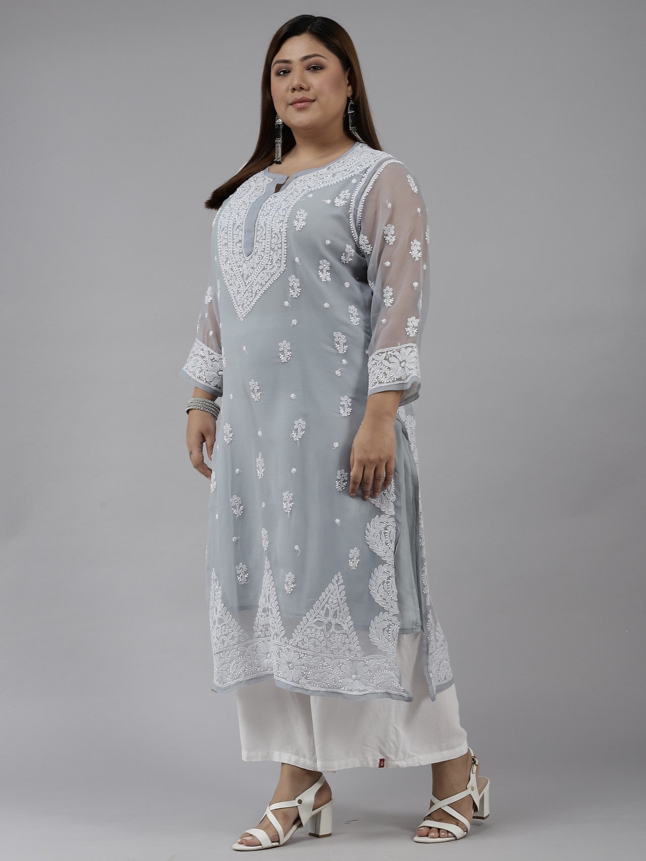 Ada Hand Embroidered Grey Georgette Lucknowi Chikankari Straight Kurta With Slip A411196