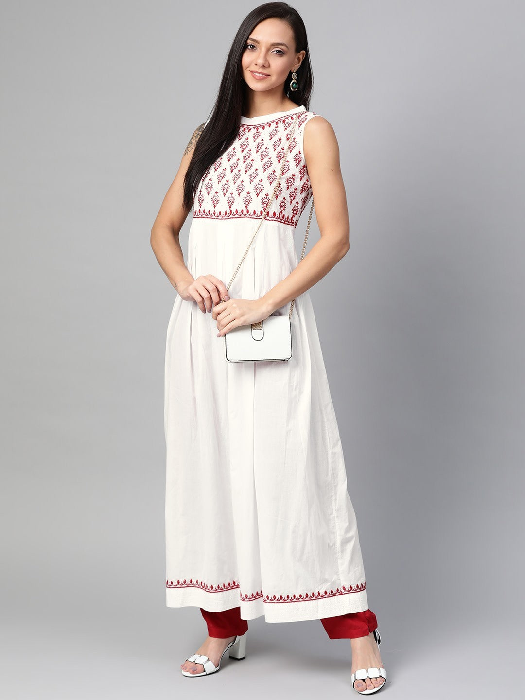Ada Hand Embroidered White Cotton Lucknowi Chikankari A-line Kurta with Muqaish Work A100467