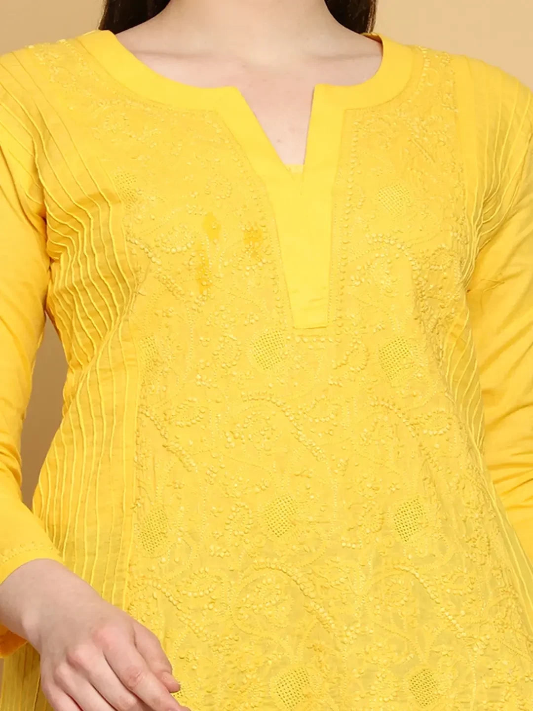 Ada Hand Embroidered Yellow Cotton Lucknowi Chikankari Straight Kurti A911309
