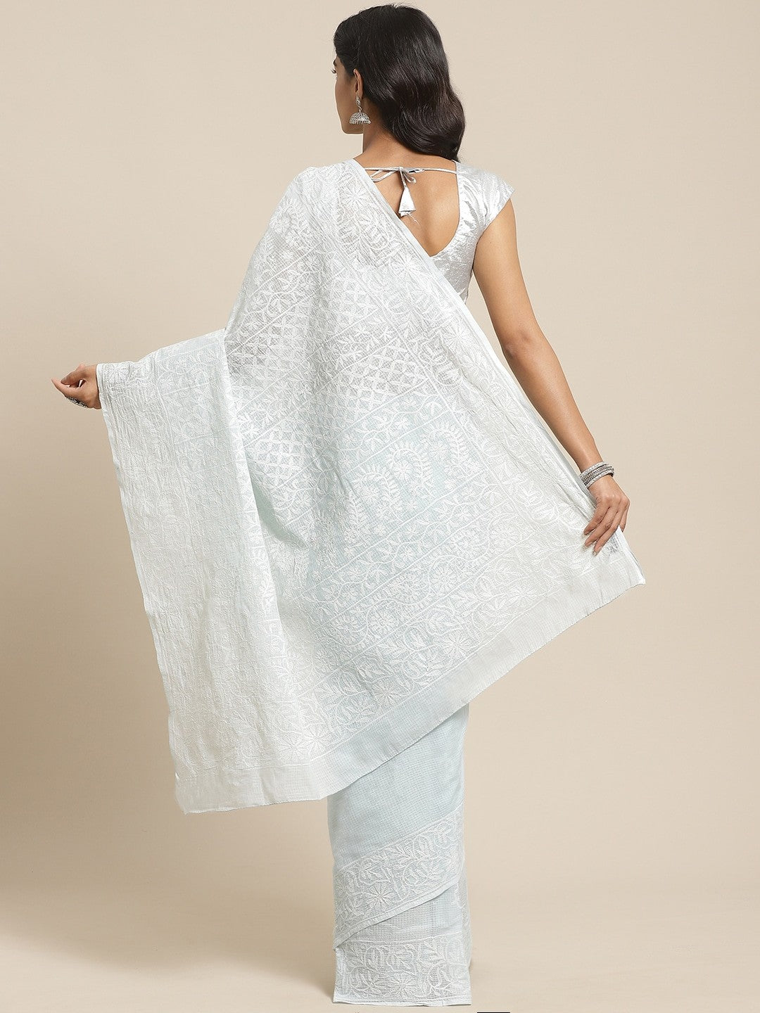 Ada Hand Embroidered Grey Kota Lucknow Chikan Saree With Blouse- A311113