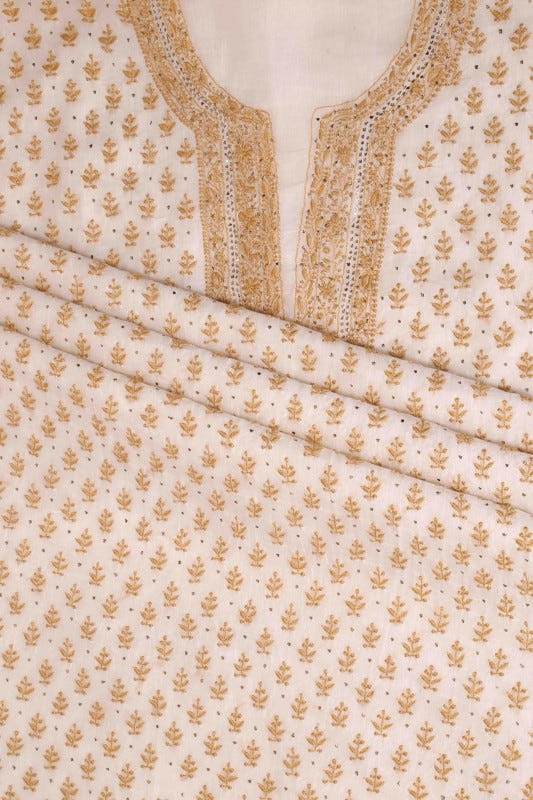 Ada Hand Embroidered Off White Organza Lucknowi Chikan Unstitched Kurta Dupatta Set with Muqaish Work - A559952
