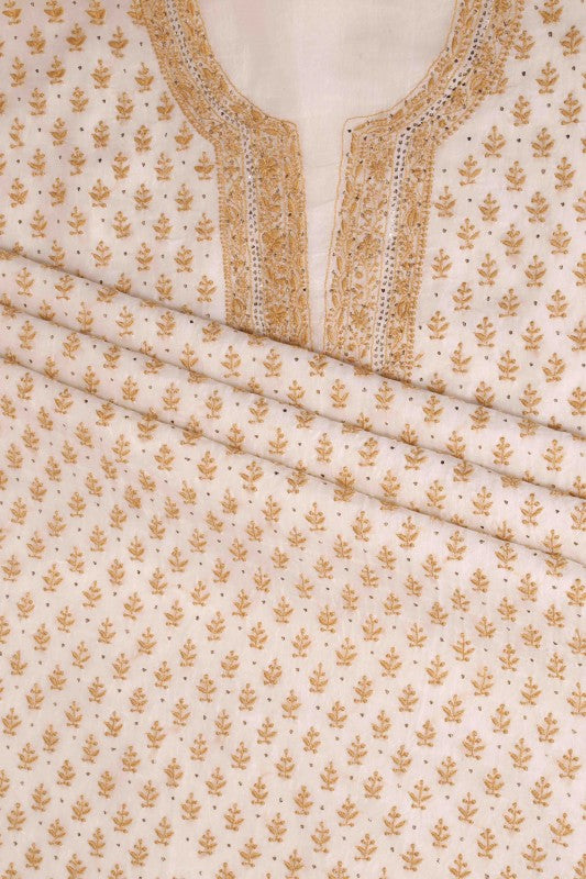 Ada Hand Embroidered Off White Organza Lucknowi Chikan Unstitched Kurta Dupatta Set with Muqaish Work - A559952