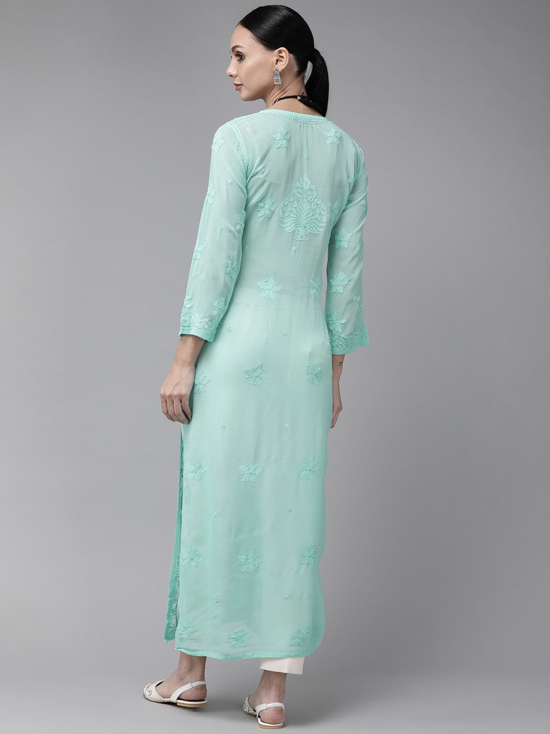 Ada Hand Embroidered Sea Green Georgette Lucknowi Chikankari Straight Kurta A411337